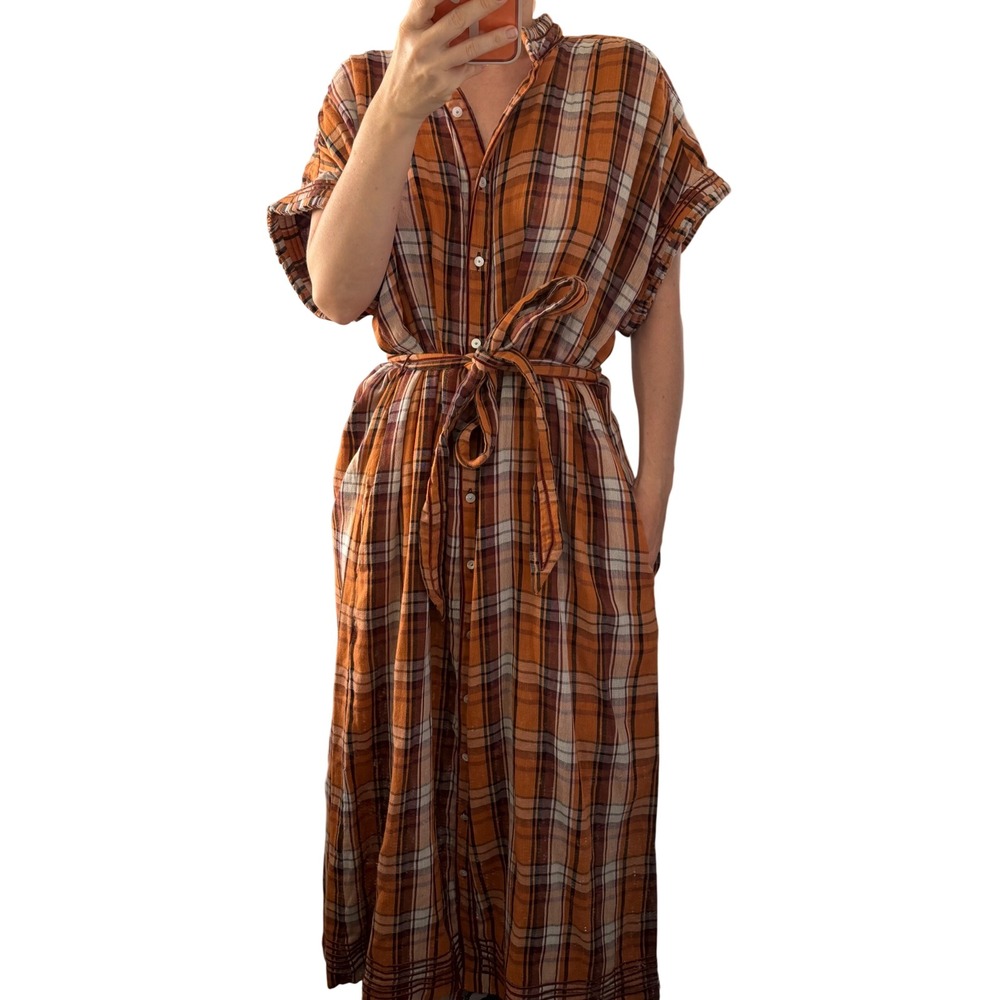 Carolina K Orange Plaid Gauze Cotton Midi Shirt Dress S-M Belted Short Sleeve